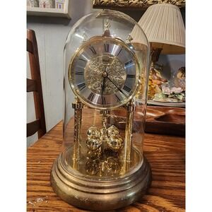 Vintage German Hermle Glass Dome Rotating Pendulum Gold Anniversary Mantle Clock